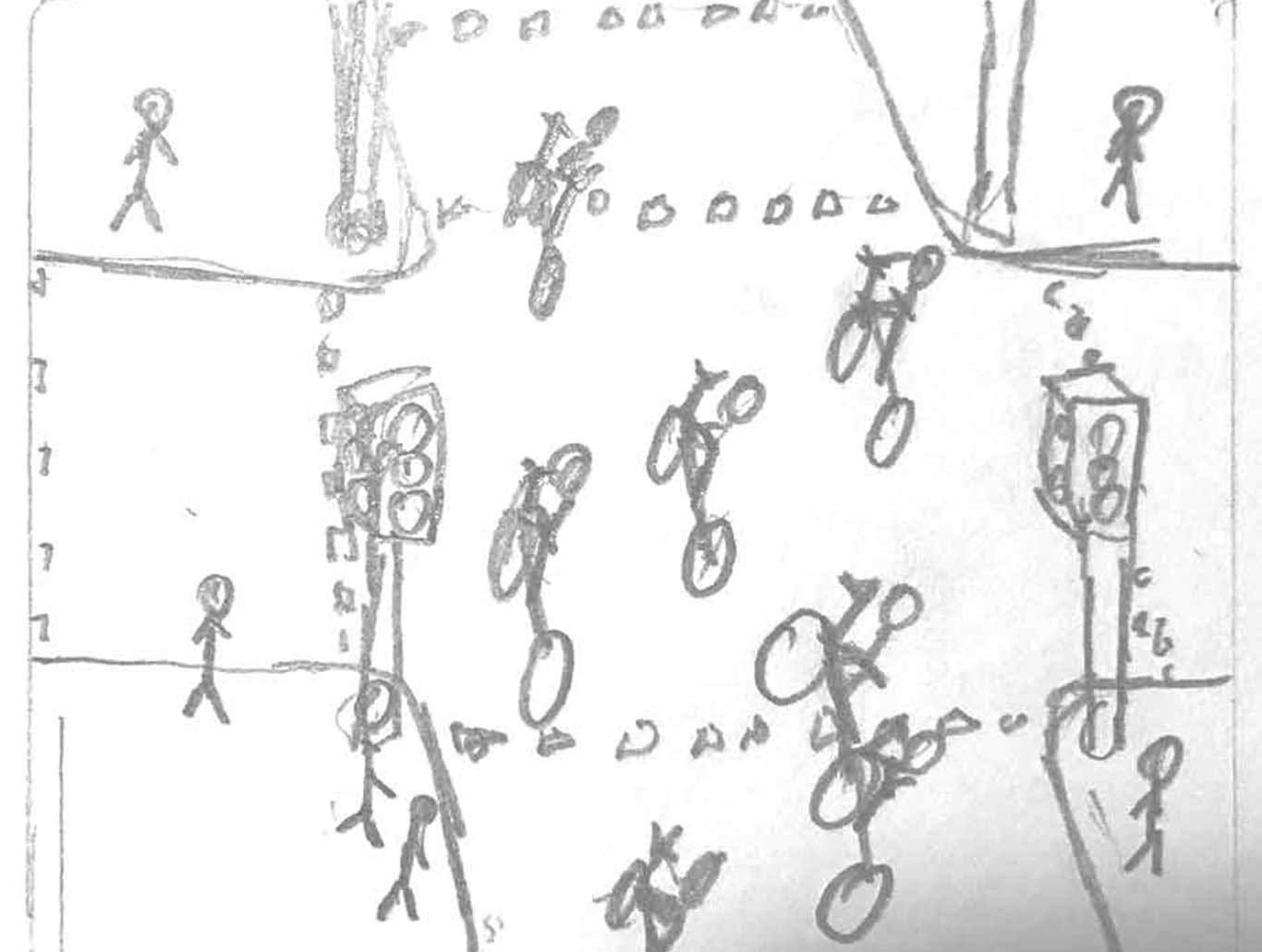 Sketch of a busy intersection with bikes instead of cars