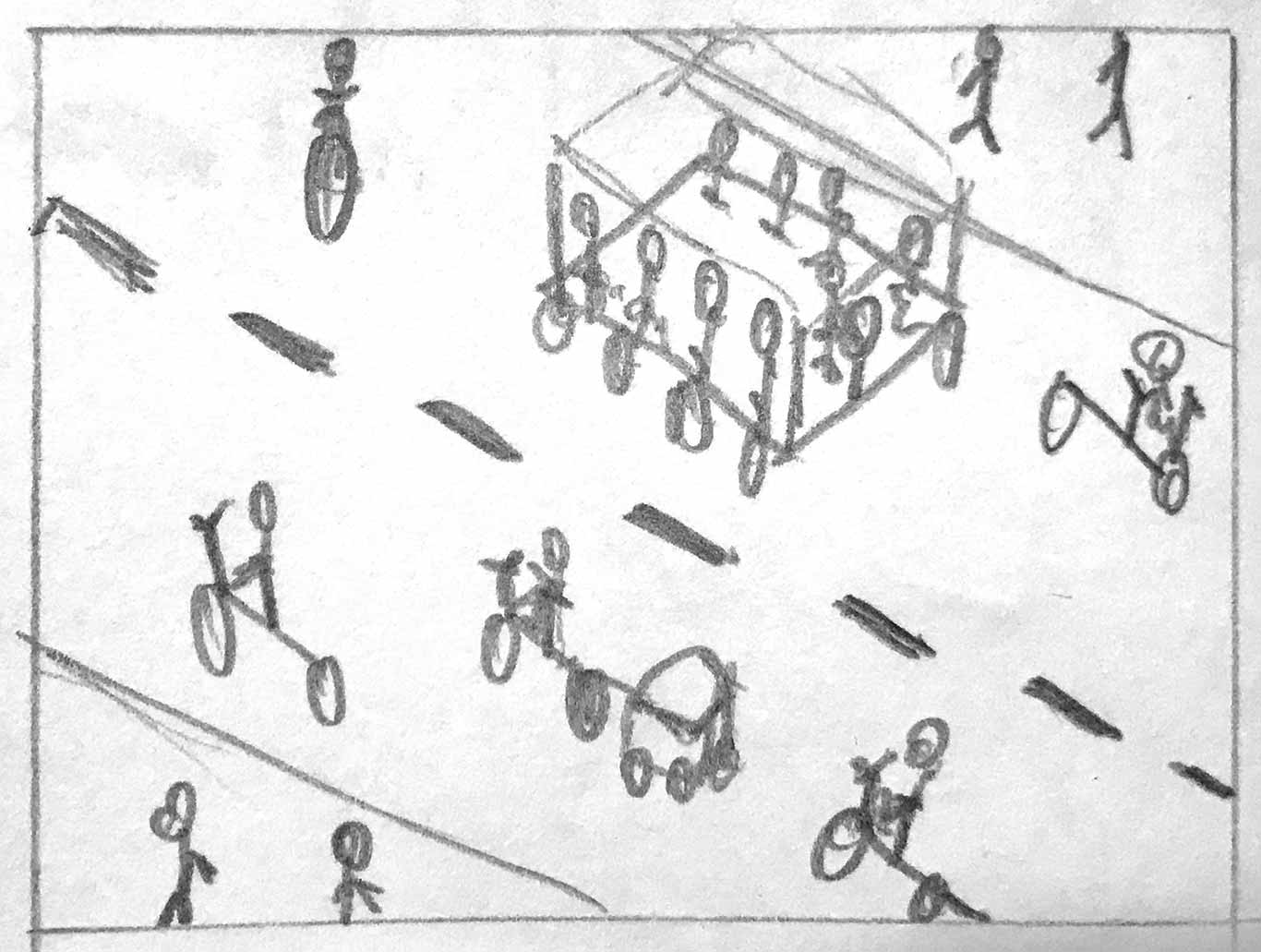 Sketch of a busy road with bikes instead of cars