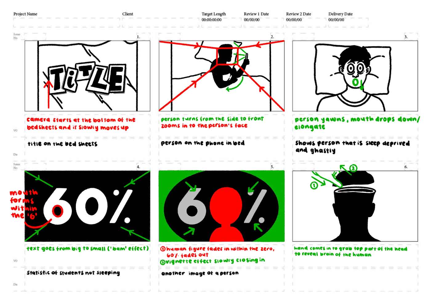 First page of 4 page storyboard: title, person on their 
		phone in bed, they turn to look at camera and yawn, 60% graphic, 
		hand takes off the top of a persons head revealing their brain