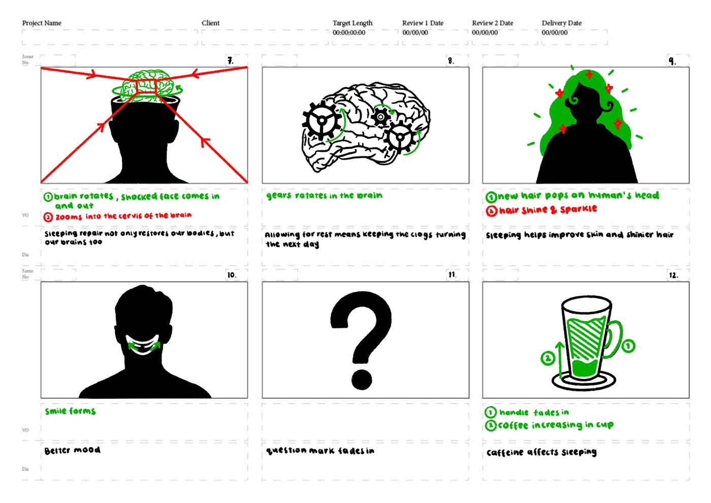 Second page of 4 page storyboard: brain rotates in a persons head, brain 
		has cogs on which turn, person with shiny hair, person with big smile, question mark graphic,
		coffee cup fills up