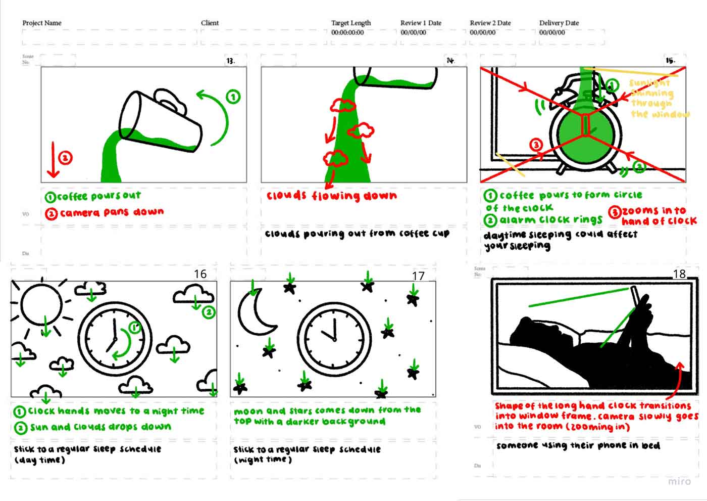 Third page of 4 page storyboard: coffee pours out of cup, alarm clock 
		rings, clock with daytime background, clock with nighttime background
		person on phone in bed