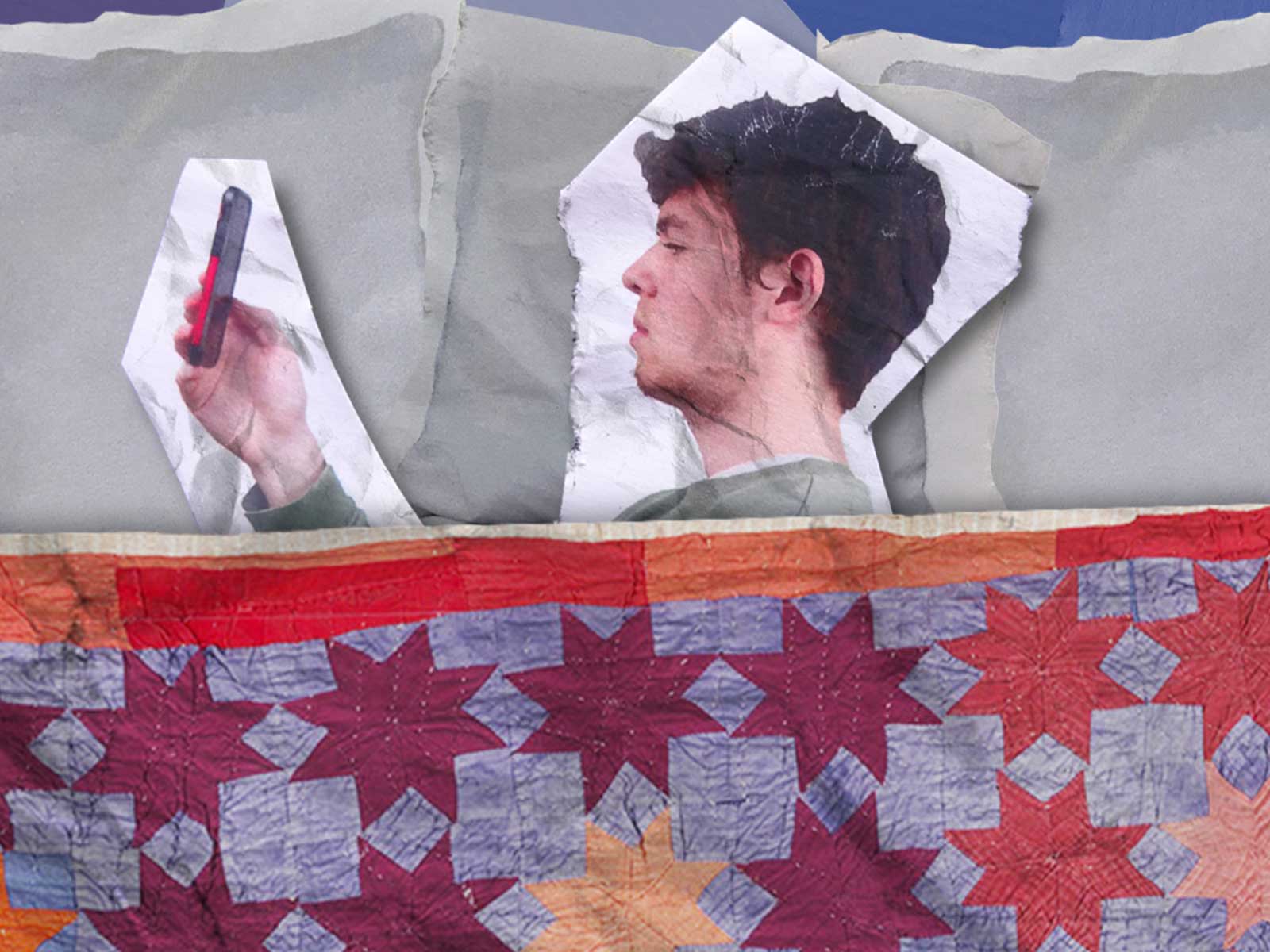 A man lying in bed on his phone in a paper cut-out style