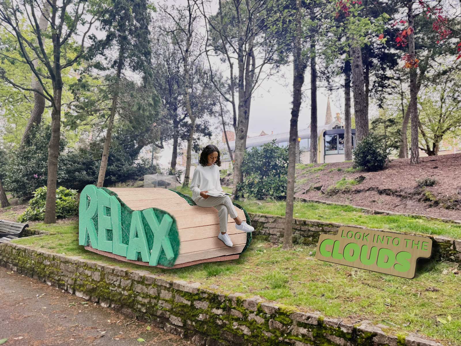 A huge seating structure in 
		Bournemouth Gardens Woods with the word relax on it