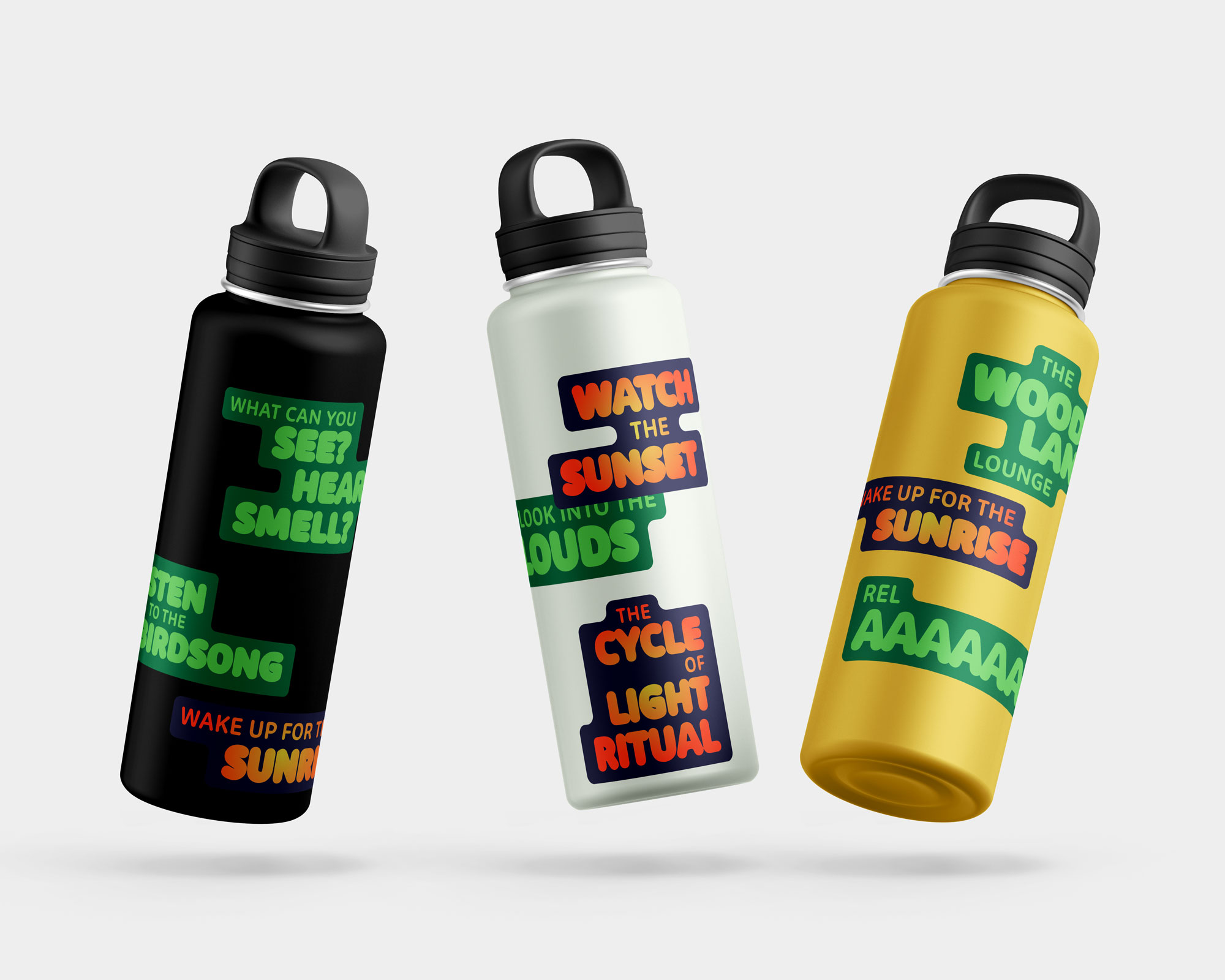 Woodland lounge branded stickers on waterbottles